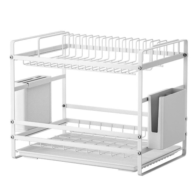 2 Layers Kitchen Bowl Rack Countertop Sink Bowl Plate Chopsticks Tableware Drainage Storage Rack Knife Holder Organizer