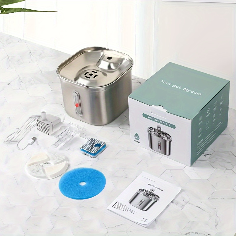 USB Rechargeable Stainless Steel Pet Water Fountain With Water Level Window - 74oz/2.2L Capacity For Indoor Cats