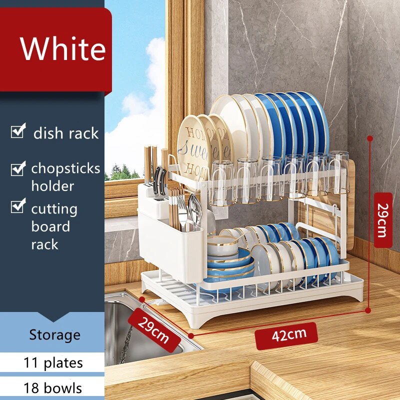 Double-layer Kitchen Dish Bowl Drying Rack with Drainboard Dish Racks With Chopstick Cage Tableware Organizer Basket Drain