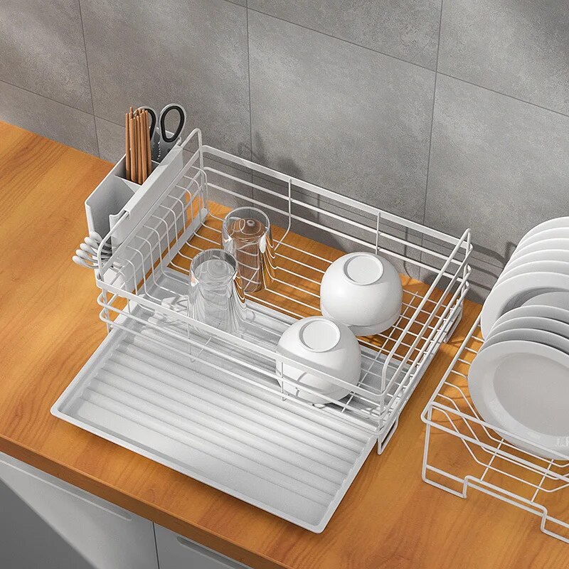 2 Layers Kitchen Bowl Rack Countertop Sink Bowl Plate Chopsticks Tableware Drainage Storage Rack Knife Holder Organizer