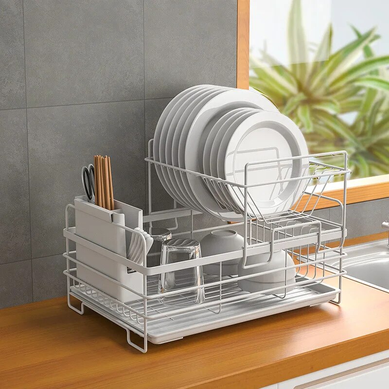 2 Layers Kitchen Bowl Rack Countertop Sink Bowl Plate Chopsticks Tableware Drainage Storage Rack Knife Holder Organizer