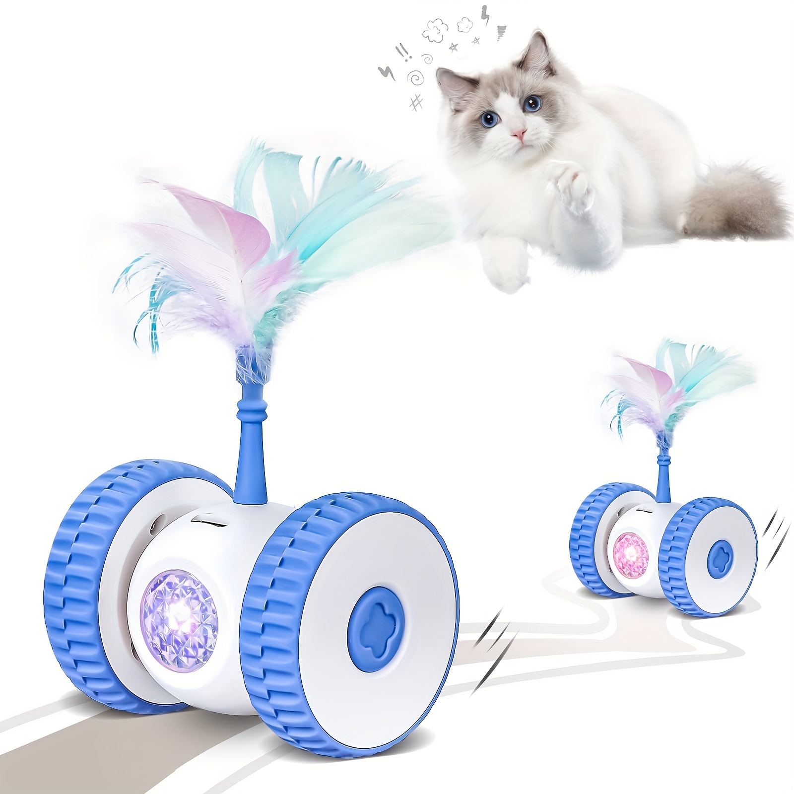 Automatic Cat Toys, Interactive Cat Toys For Indoor Cats With LED Lights And 2 Feathers, USB Rechargeable Moving Kitten Toys, Electric Cat Toys With Durable Wheels, Auto On/Off