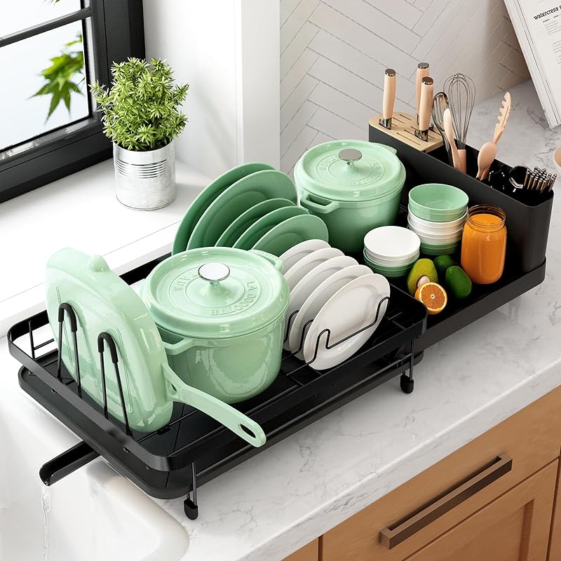 Kitsure Large Dish Drying Rack - Extendable Dish Rack, Multifunctional Dish Rack for Kitchen Counter, Anti-Rust Drying Dish Rack with Cutlery & Cup Holders
