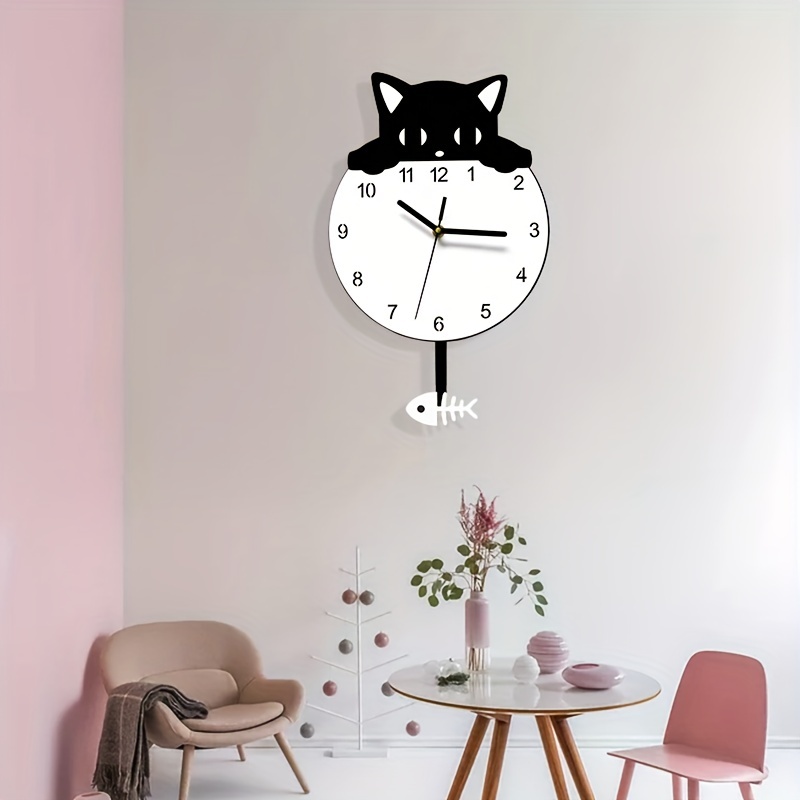 1pc Cute Kitten Wall Clock, Modern Simple Creative Swing Wall Clock, Living Room Home Decorative Clock, Room Decor, Home Decor, Halloween Decor
