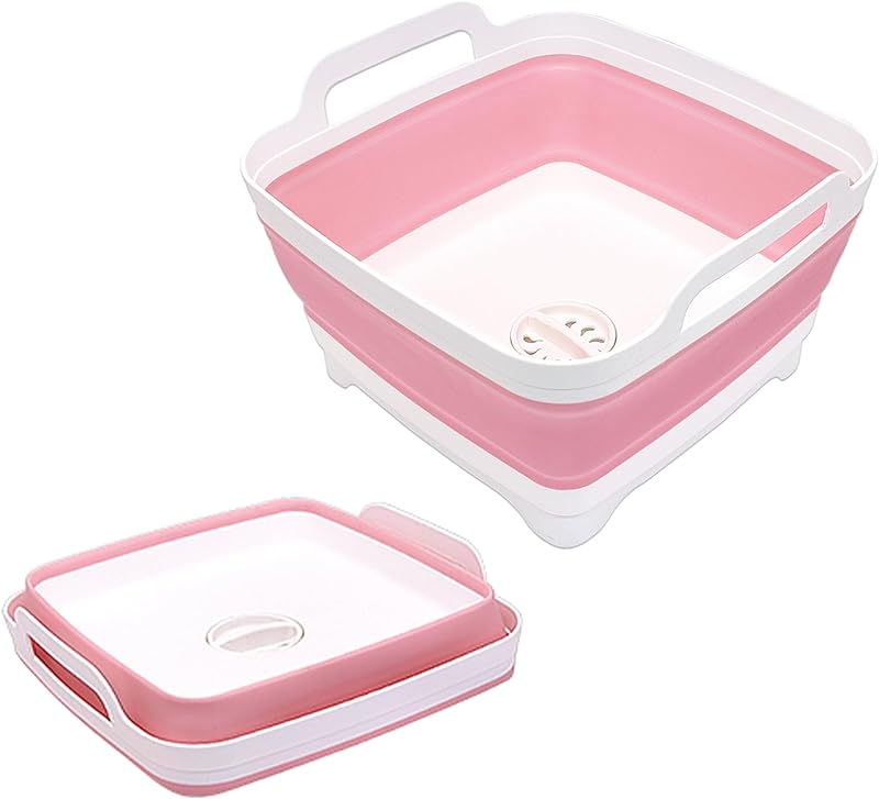 Goderewild 2.4 Gal(9L) Collapsible Dish Basin with Drain Plug, Space Saving Outdoor Multiuse Foldable Sink Tub, Dishpan, Kitchen Storage Tray for Camping, Vegetable Washing, RV