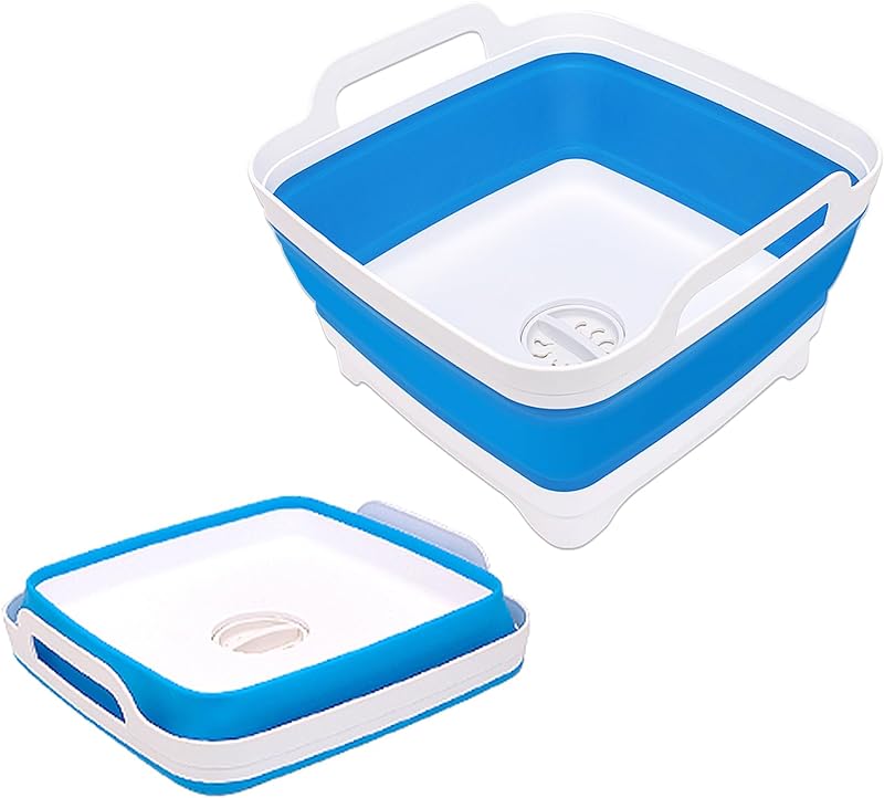 Goderewild 2.4 Gal(9L) Collapsible Dish Basin with Drain Plug, Space Saving Outdoor Multiuse Foldable Sink Tub, Dishpan, Kitchen Storage Tray for Camping, Vegetable Washing, RV