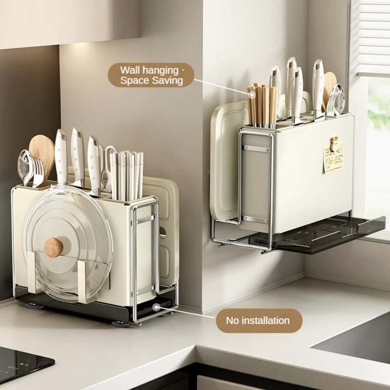 Ins Kitchen Storage Rack, Stainless Steel Drainer Rack, Knife Holder, Integrated Tableware Storage Organizer Kitchen Accessories