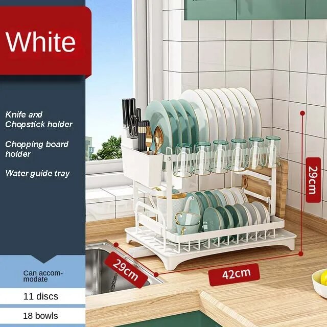 2 Tiers Kitchen Dish Bowl Drainer Storage Rack Knife Fork Cup Holder Space Saver Kitchen Counter Organizer Tableware Drainboard