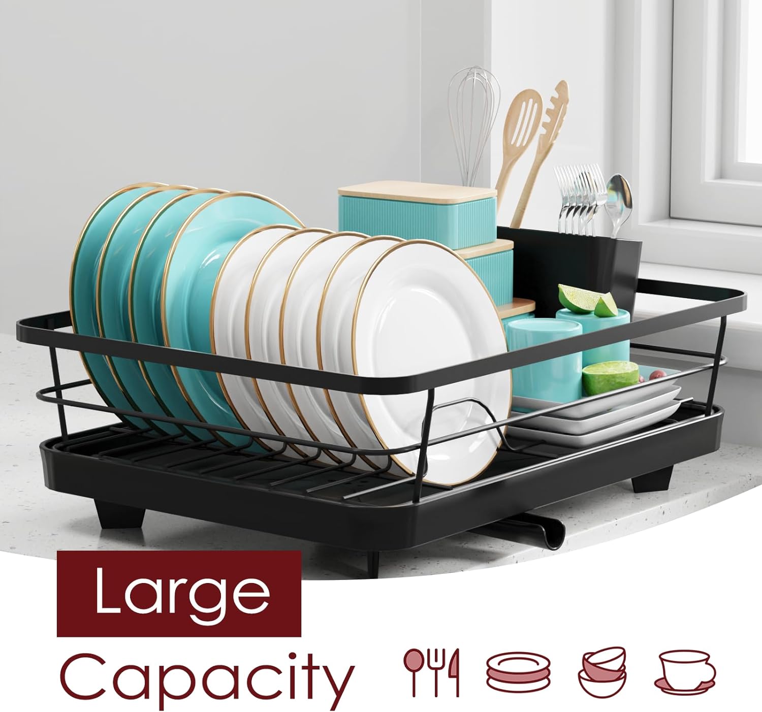 Sakugi Dish Drying Rack - Dish Rack for Kitchen Counter with a Cutlery Holder, Durable Stainless Steel, Dish Rack for Various Tableware, Easy Installation, Compact, Black