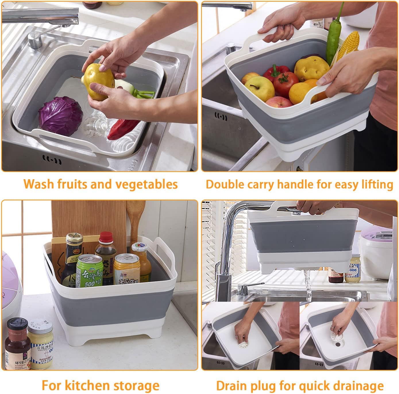 Goderewild 2.4 Gal(9L) Collapsible Dish Basin with Drain Plug, Space Saving Outdoor Multiuse Foldable Sink Tub, Dishpan, Kitchen Storage Tray for Camping, Vegetable Washing, RV