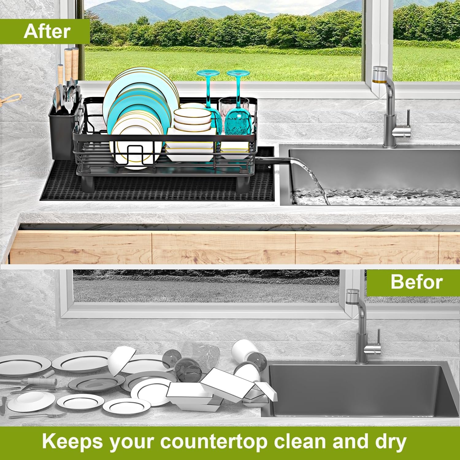 Dish Drying Rack,Dish Racks for Kitchen Counter,Dish Drainers with Removable Utensil Holder,Dish Drying Rack with Drainboard and Extra Dish Drying Mat