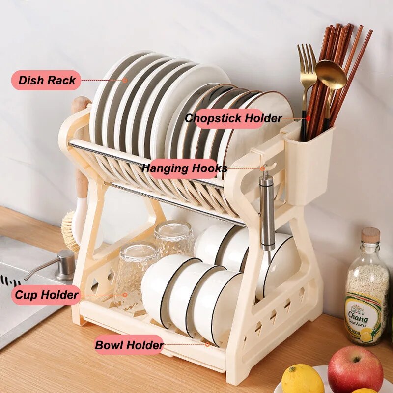 Dish Drainer Kitchen Storage Double Layer Dish Cup Holder Knife Fork Container Holder Home Tableware Drying Storage Rack