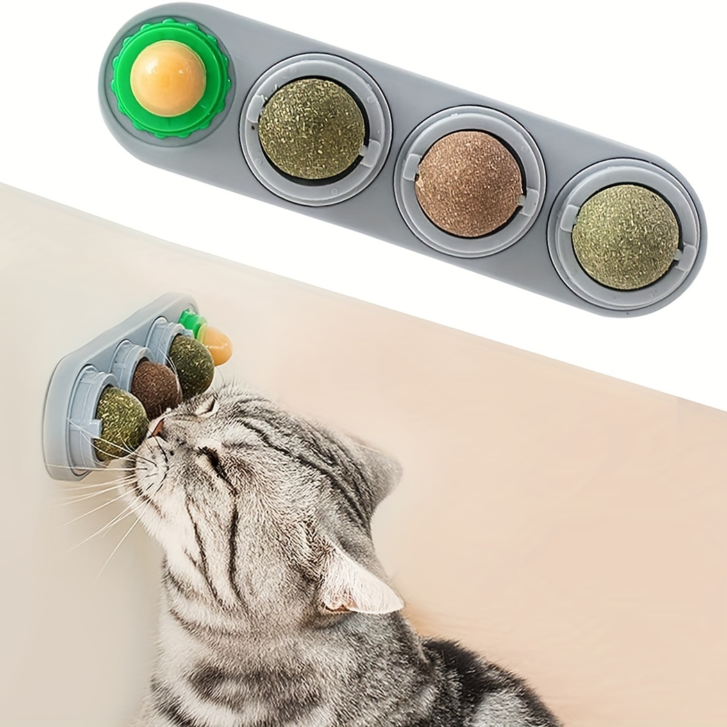 1pc 4 Catnip Balls Toy, Rotatable Edible Silvervine Balls Cat Energy Ball, Natural Healthy Self-adhesive Cat Licking Ball Toy