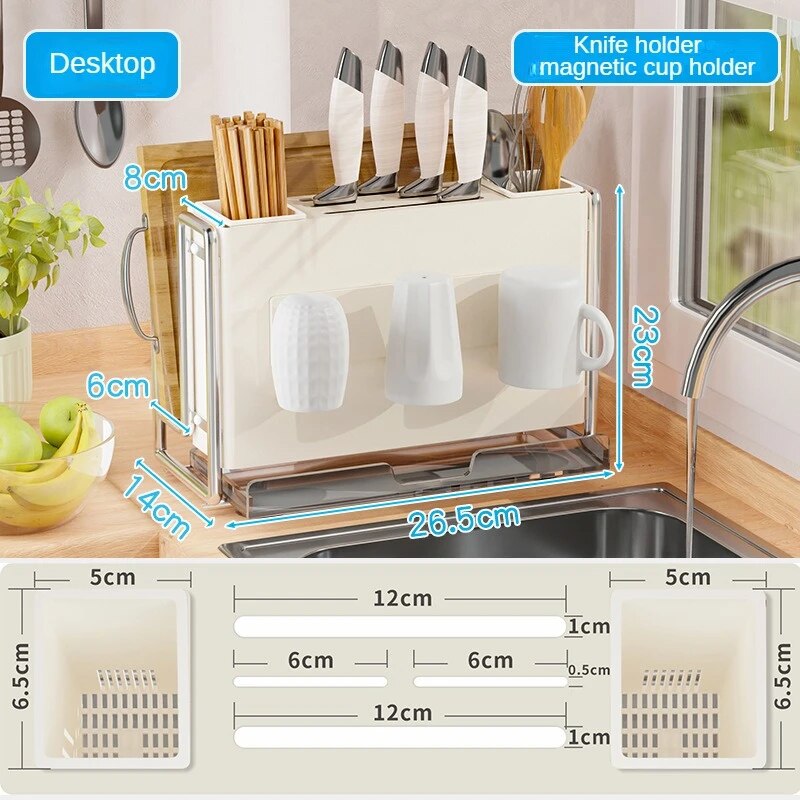 Ins Kitchen Storage Rack, Stainless Steel Drainer Rack, Knife Holder, Integrated Tableware Storage Organizer Kitchen Accessories