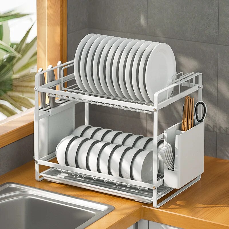 2 Layers Kitchen Bowl Rack Countertop Sink Bowl Plate Chopsticks Tableware Drainage Storage Rack Knife Holder Organizer