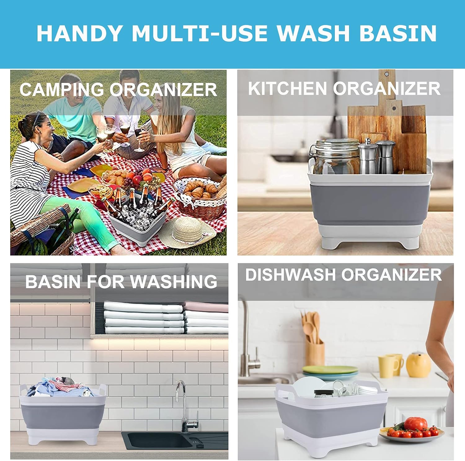 MontNorth Dishpan For Washing Dishes,9L Collapsible and Portable,Wash Dish Basin,Foldable Laundry Tub with Drain Plug for Kitchen Sink,Camping,Gray