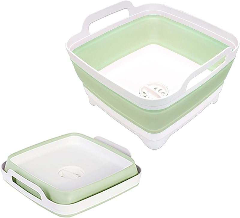 Goderewild 2.4 Gal(9L) Collapsible Dish Basin with Drain Plug, Space Saving Outdoor Multiuse Foldable Sink Tub, Dishpan, Kitchen Storage Tray for Camping, Vegetable Washing, RV