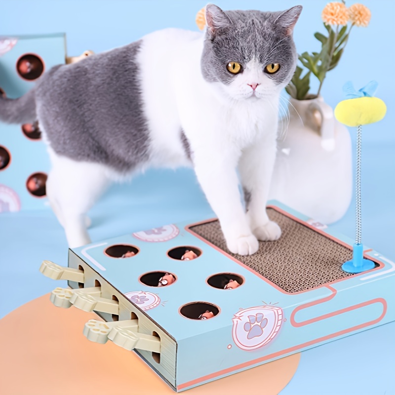 Wooden Cat Toy Box Hide And Seek Toy Box, Interactive Whack A Mole Mouse Punch Game Toy Exercise Tool With 5 Holes And Corrugated Paper Cat Scratching Pad
