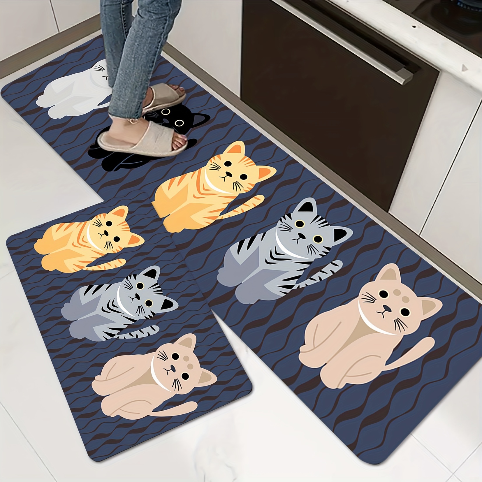 1pc Cute Cat Kitchen Floor Mat - Non-Slip, Oilproof, Waterproof, Dirt-Resistant, Machine Washable, Bathroom and Living Room Door Mat