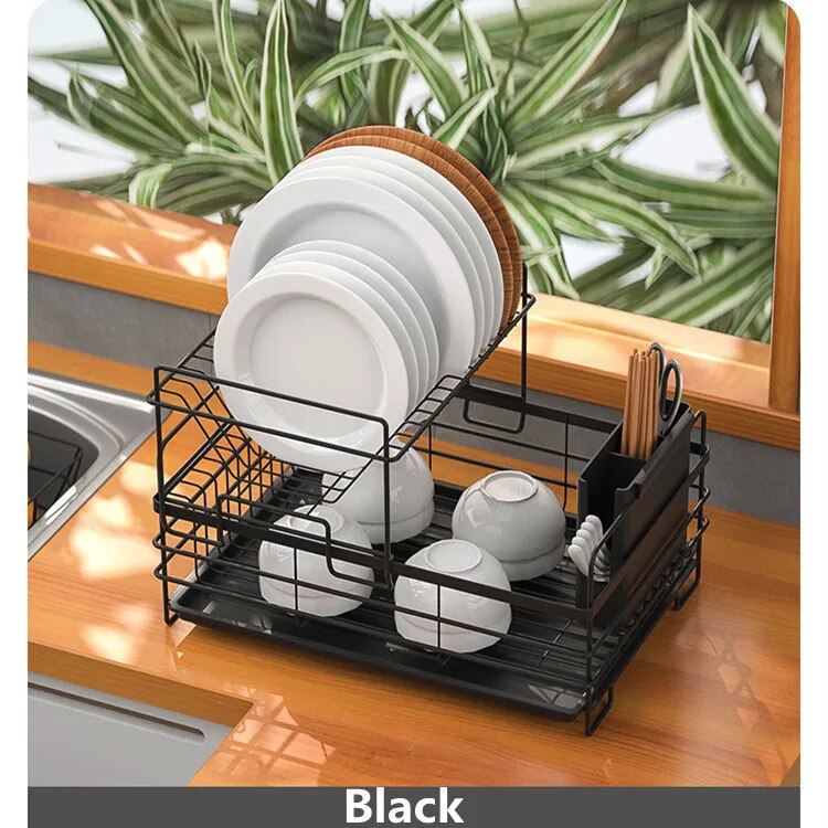 2 Layers Kitchen Bowl Rack Countertop Sink Bowl Plate Chopsticks Tableware Drainage Storage Rack Knife Holder Organizer