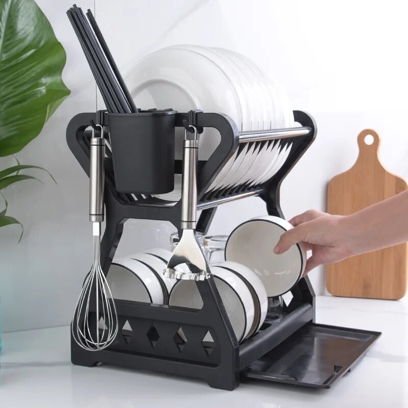 Dish Drainer Kitchen Storage Double Layer Dish Cup Holder Knife Fork Container Holder Home Tableware Drying Storage Rack