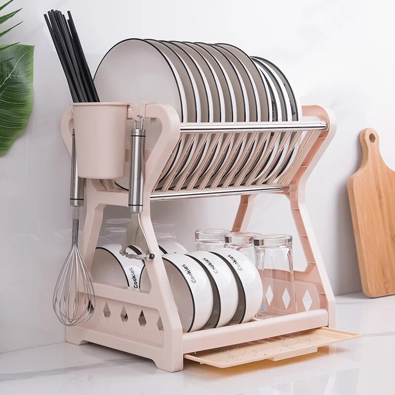 Dish Drainer Kitchen Storage Double Layer Dish Cup Holder Knife Fork Container Holder Home Tableware Drying Storage Rack