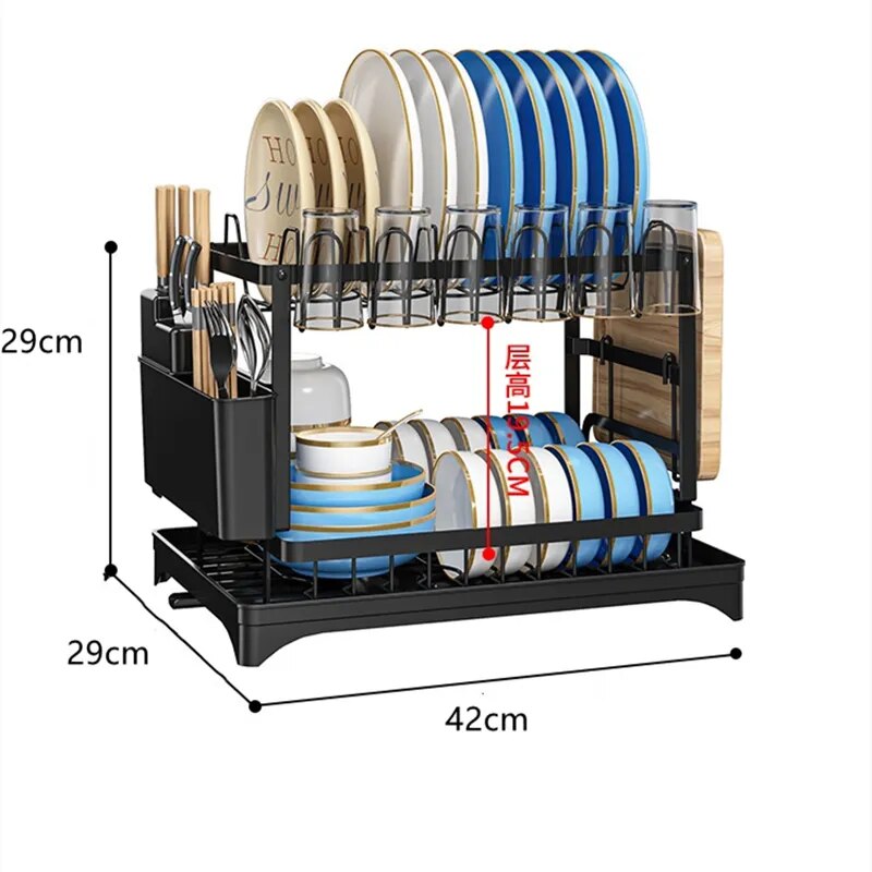 Double-layer Kitchen Dish Bowl Drying Rack with Drainboard Dish Racks With Chopstick Cage Tableware Organizer Basket Drain