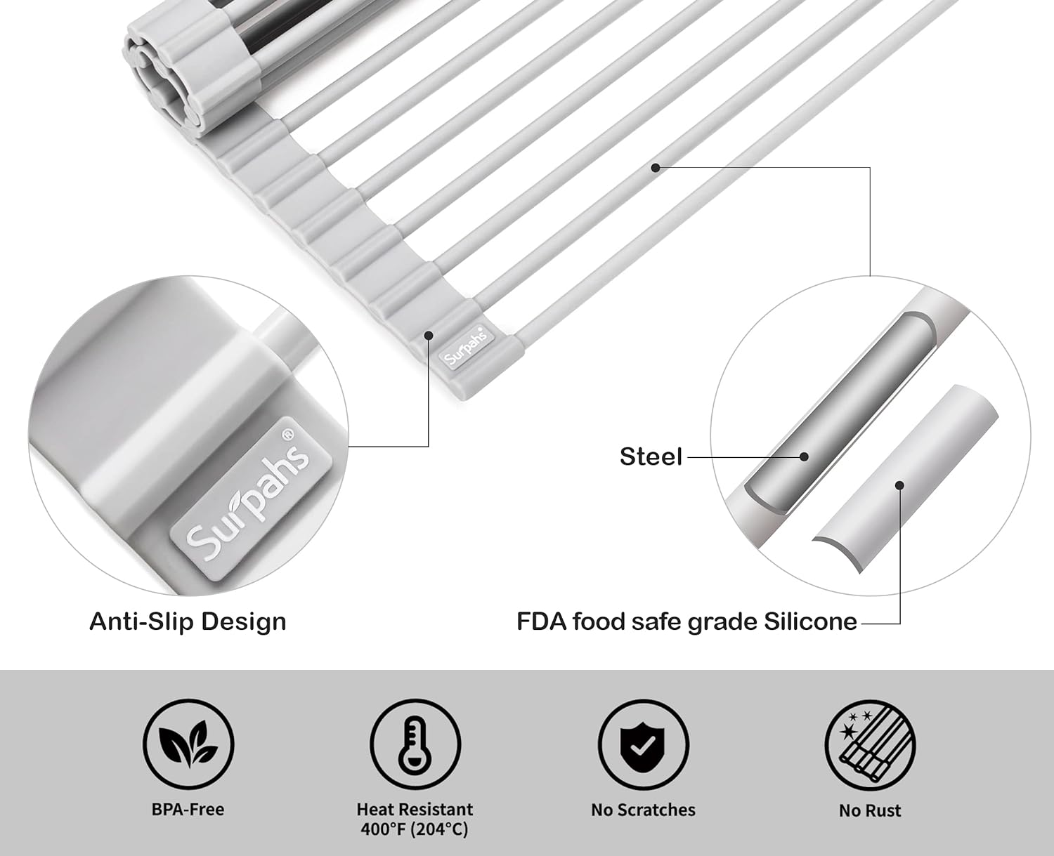 Surpahs Over The Sink Multipurpose Roll-Up Dish Drying Rack (Warm Gray, Large - 20.5