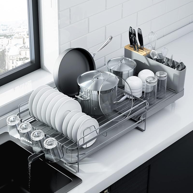 Kitsure Large Dish Drying Rack - Extendable Dish Rack, Multifunctional Dish Rack for Kitchen Counter, Anti-Rust Drying Dish Rack with Cutlery & Cup Holders