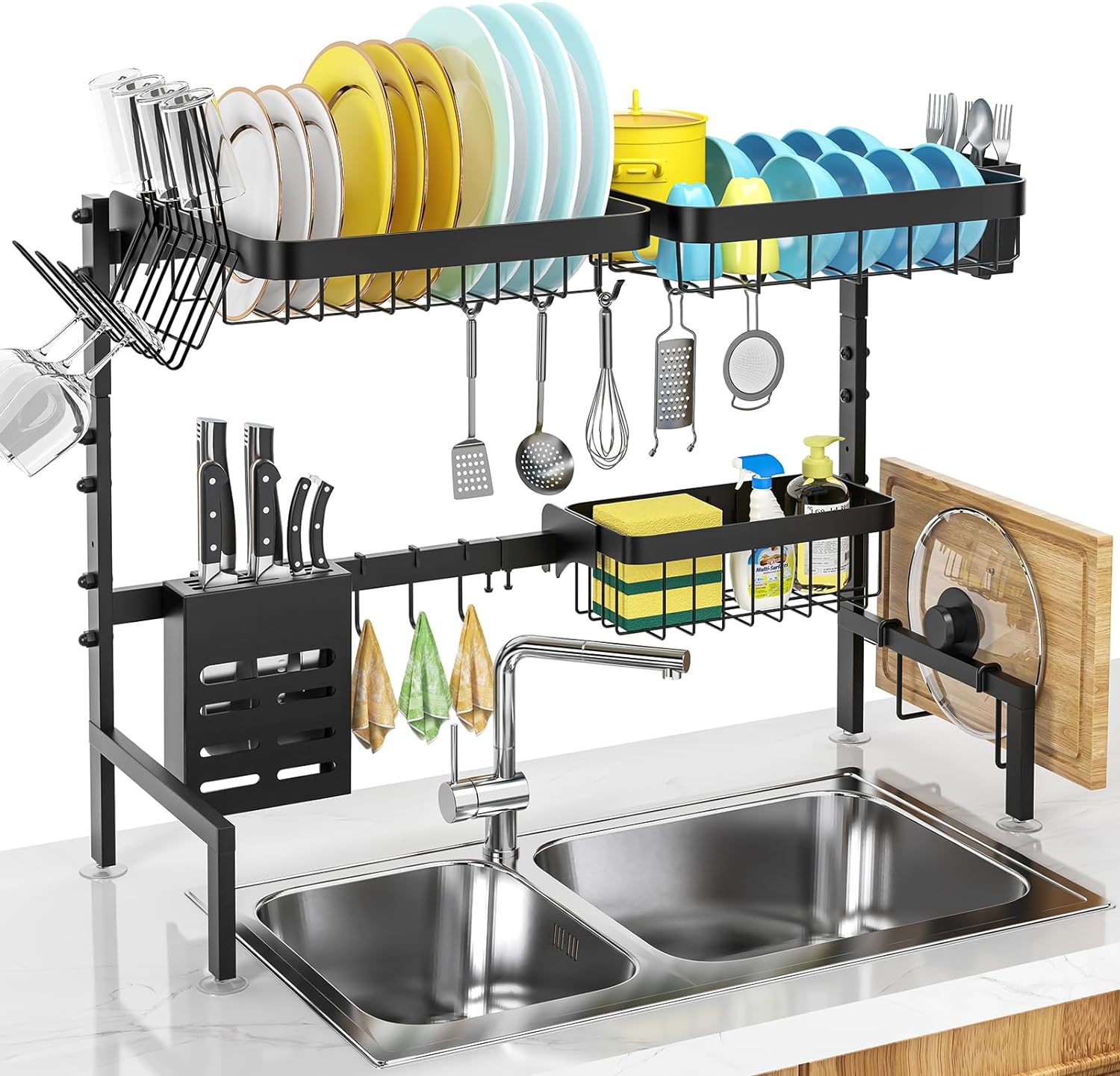  ADBIU Over The Sink Dish Drying Rack (Expandable Height and  Length) Snap-On Design 2 Tier Large Dish Rack Stainless Steel (24 -  35.5(L) x 12(W) x 19 - 22(H)): Home 