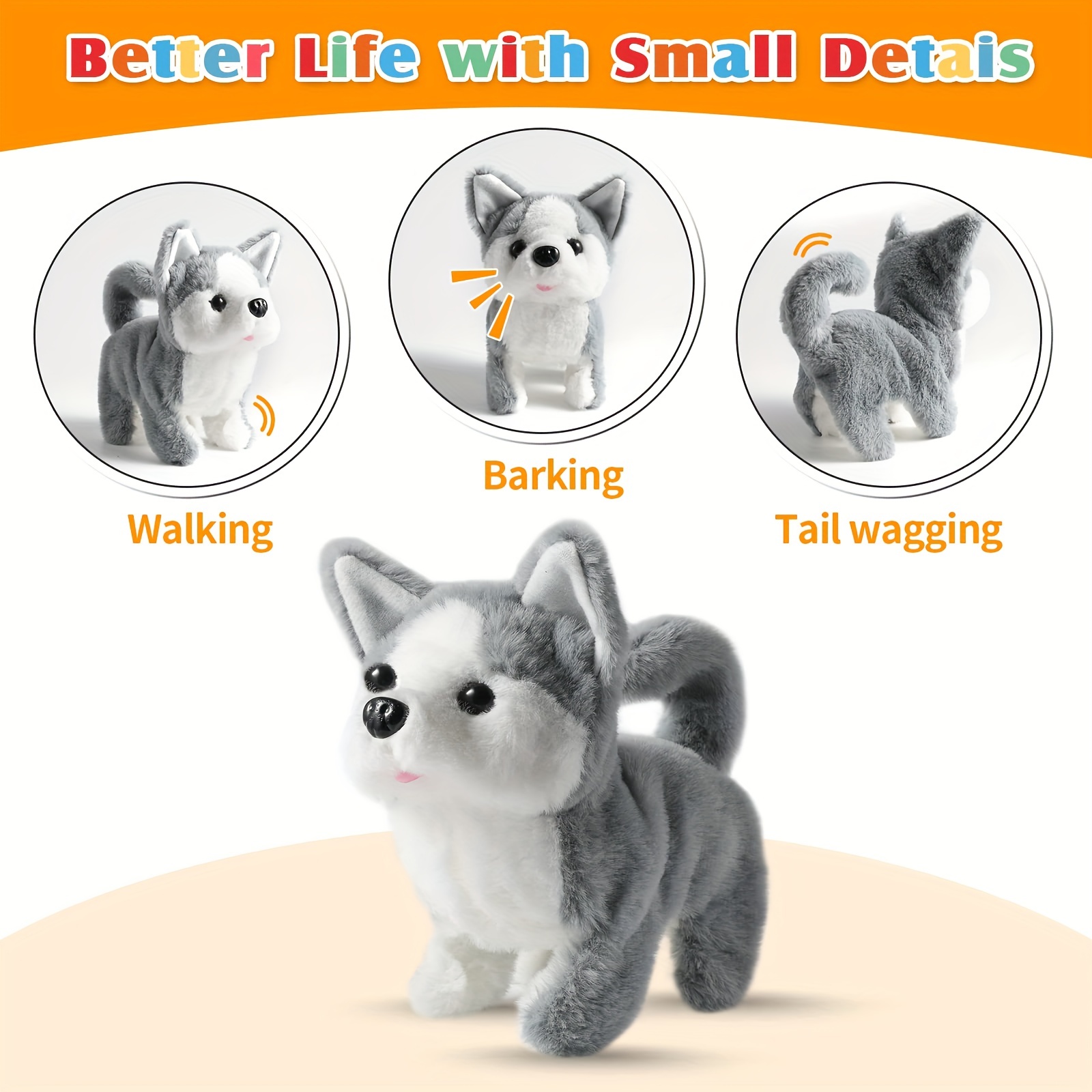 Plush Husky Toy Puppy - Interactive Walking, Barking, Tail Wagging, Stretching Companion Animal for Kids and Toddlers - Christmas, Halloween, Thanksgiving Gifts