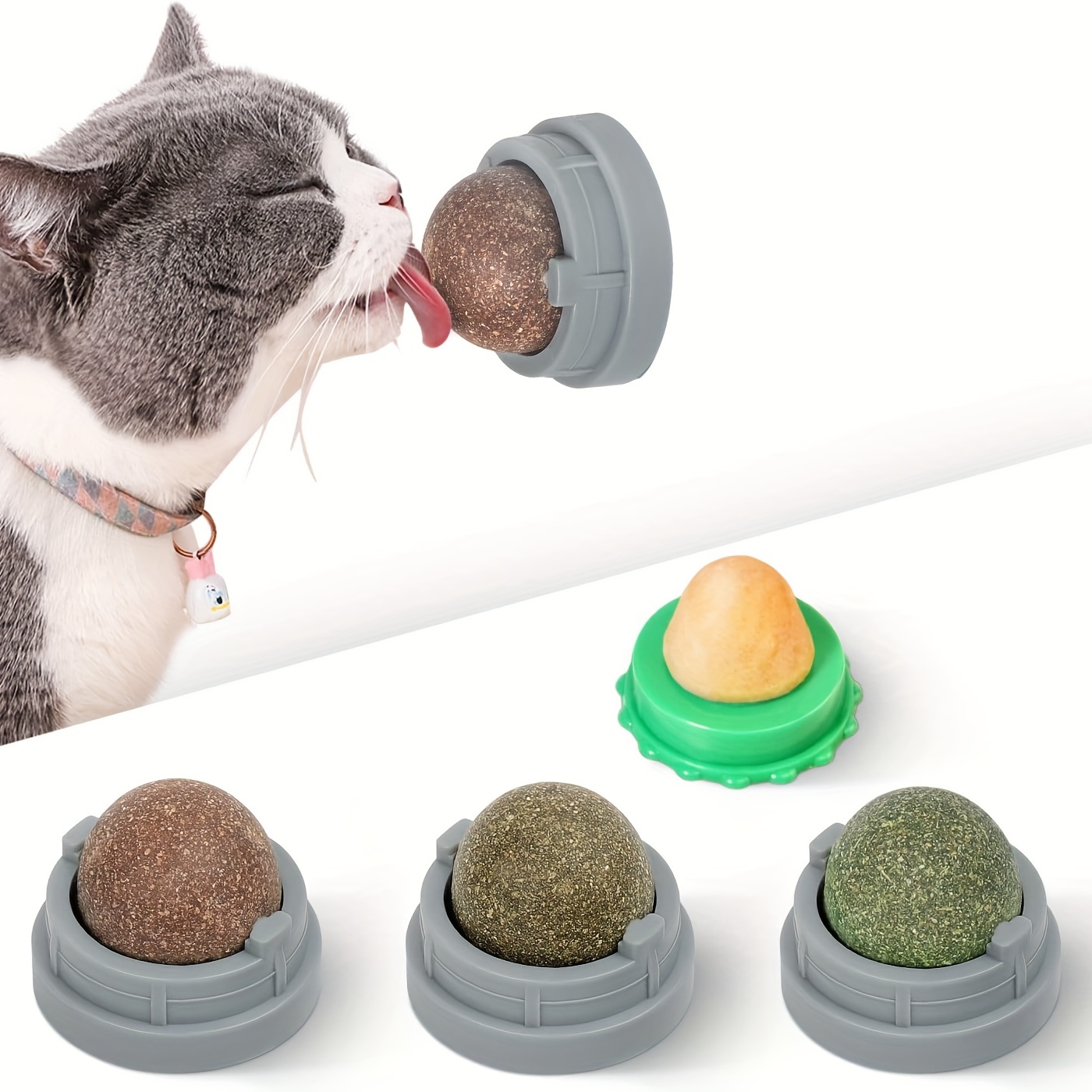 1pc 4 Catnip Balls Toy, Rotatable Edible Silvervine Balls Cat Energy Ball, Natural Healthy Self-adhesive Cat Licking Ball Toy