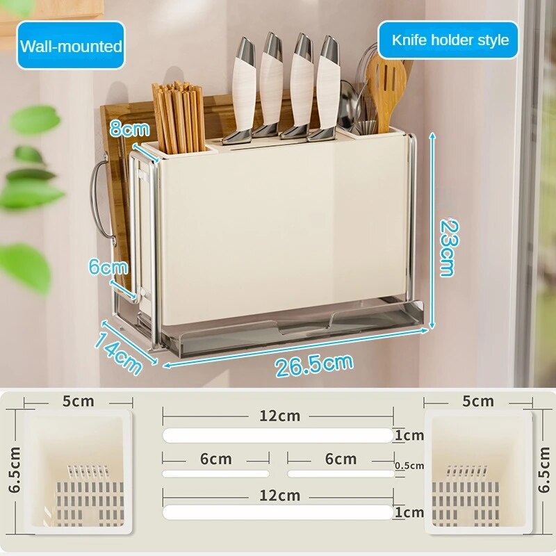 Ins Kitchen Storage Rack, Stainless Steel Drainer Rack, Knife Holder, Integrated Tableware Storage Organizer Kitchen Accessories