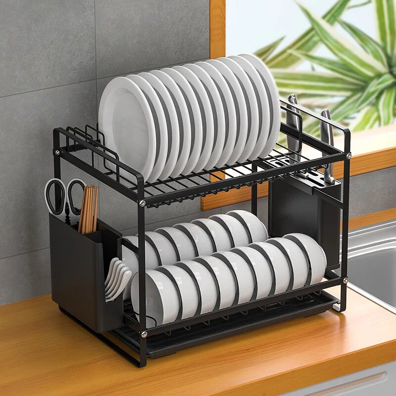 2 Layers Kitchen Bowl Rack Countertop Sink Bowl Plate Chopsticks Tableware Drainage Storage Rack Knife Holder Organizer
