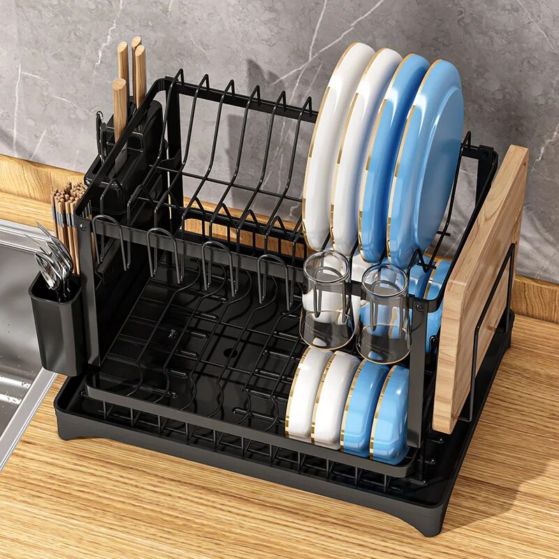 Double-layer Kitchen Dish Bowl Drying Rack with Drainboard Dish Racks With Chopstick Cage Tableware Organizer Basket Drain
