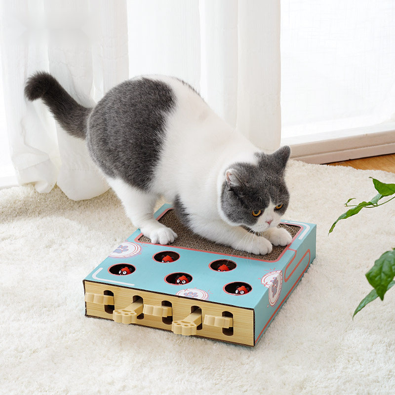 Wooden Cat Toy Box Hide And Seek Toy Box, Interactive Whack A Mole Mouse Punch Game Toy Exercise Tool With 5 Holes And Corrugated Paper Cat Scratching Pad