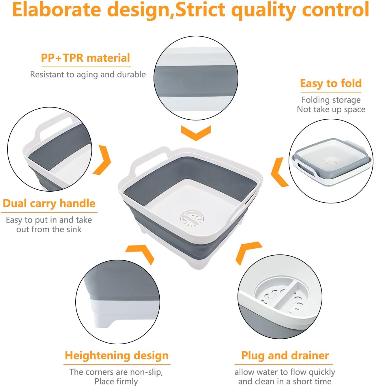 Goderewild 2.4 Gal(9L) Collapsible Dish Basin with Drain Plug, Space Saving Outdoor Multiuse Foldable Sink Tub, Dishpan, Kitchen Storage Tray for Camping, Vegetable Washing, RV