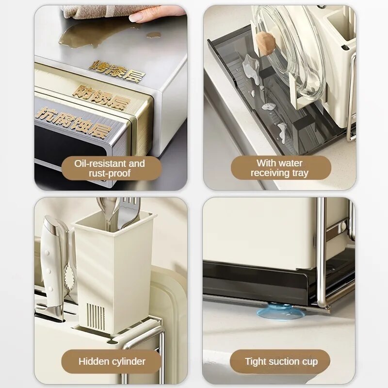 Ins Kitchen Storage Rack, Stainless Steel Drainer Rack, Knife Holder, Integrated Tableware Storage Organizer Kitchen Accessories