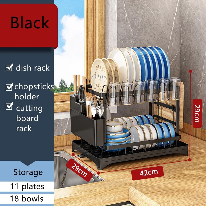 Double-layer Kitchen Dish Bowl Drying Rack with Drainboard Dish Racks With Chopstick Cage Tableware Organizer Basket Drain
