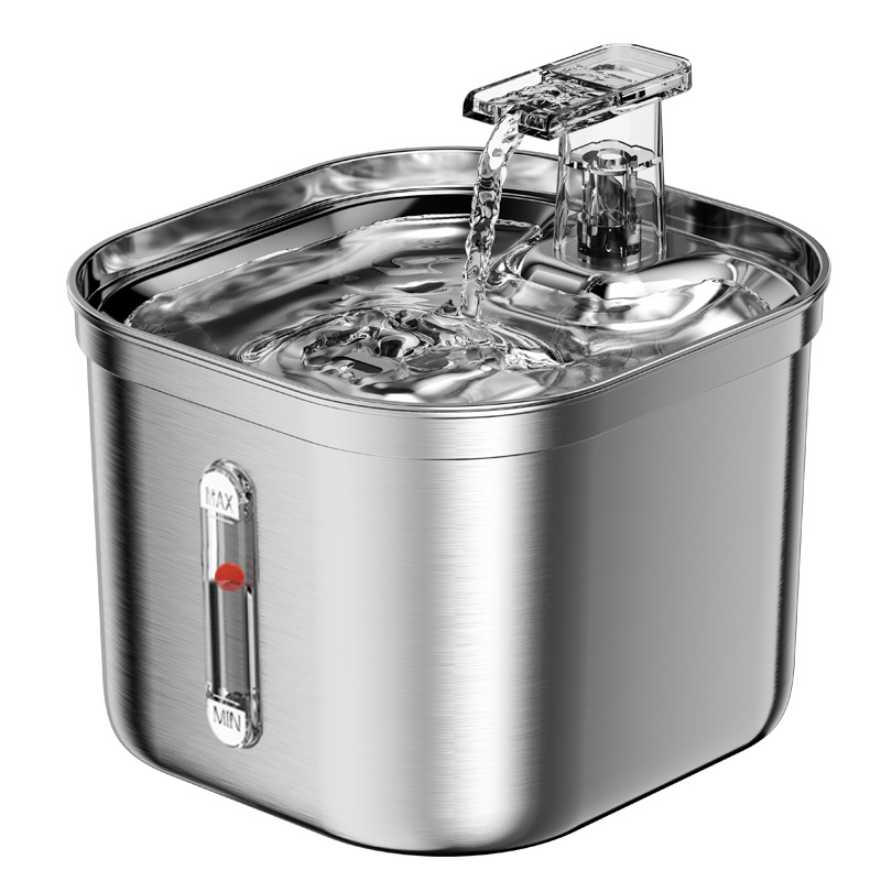 USB Rechargeable Stainless Steel Pet Water Fountain With Water Level Window - 74oz/2.2L Capacity For Indoor Cats