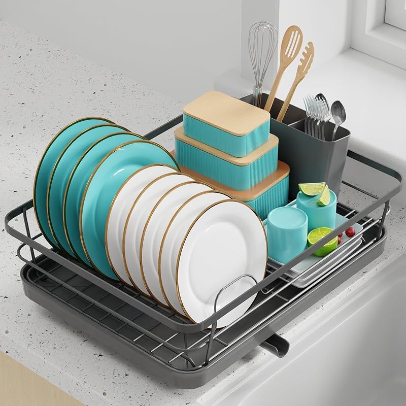 Sakugi Dish Drying Rack - Dish Rack for Kitchen Counter with a Cutlery Holder, Durable Stainless Steel, Dish Rack for Various Tableware, Easy Installation, Compact, Black