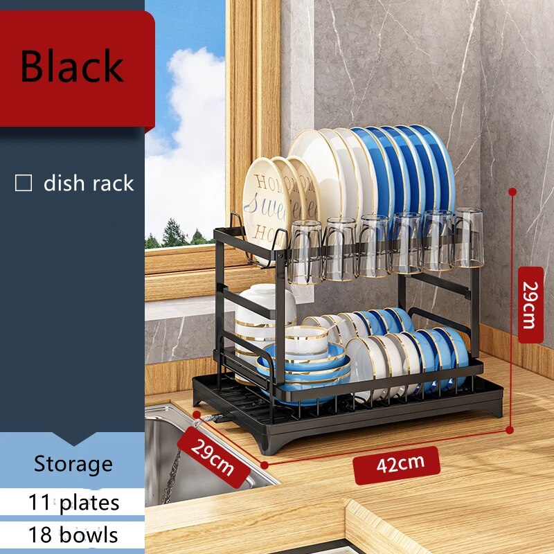 Double-layer Kitchen Dish Bowl Drying Rack with Drainboard Dish Racks With Chopstick Cage Tableware Organizer Basket Drain