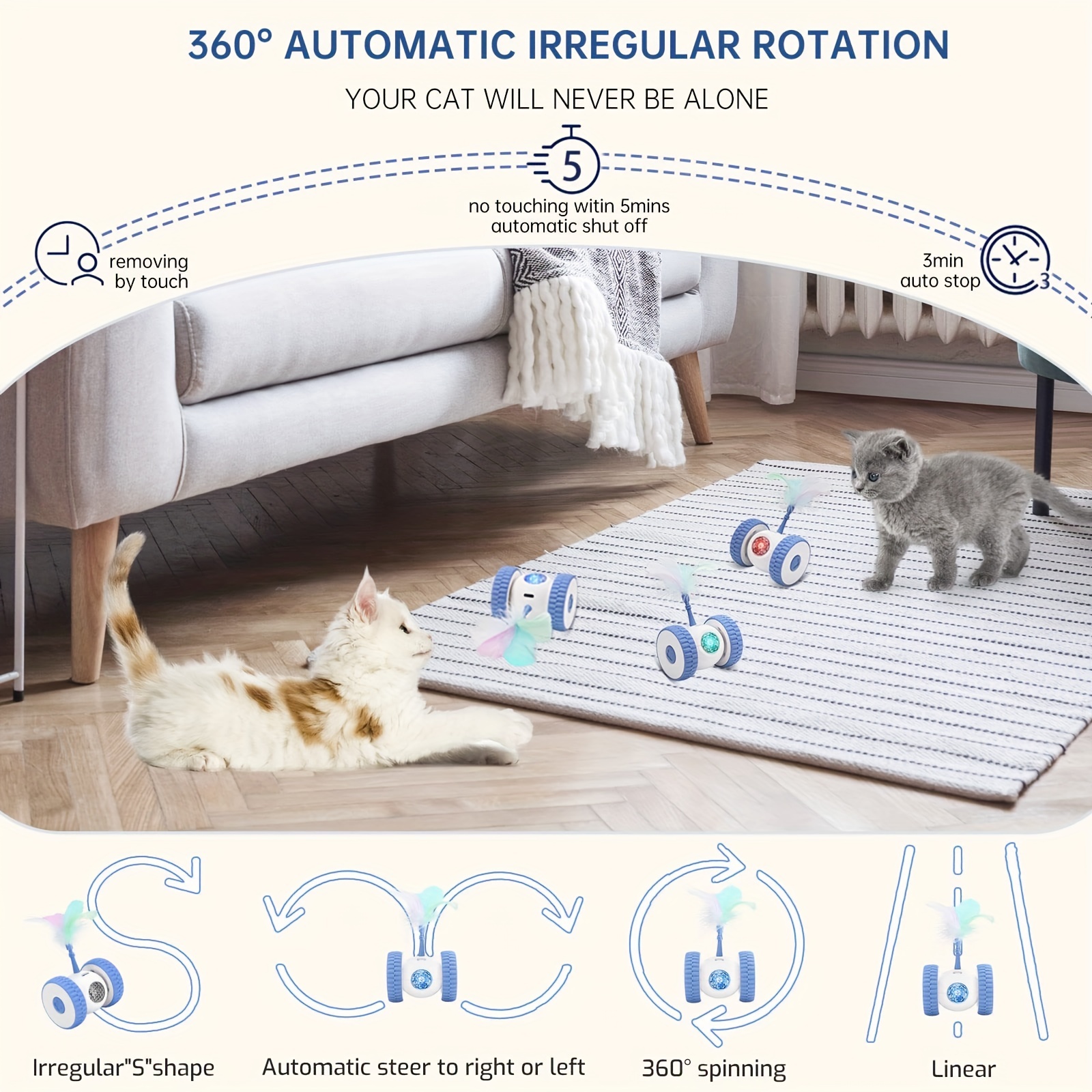 Automatic Cat Toys, Interactive Cat Toys For Indoor Cats With LED Lights And 2 Feathers, USB Rechargeable Moving Kitten Toys, Electric Cat Toys With Durable Wheels, Auto On/Off