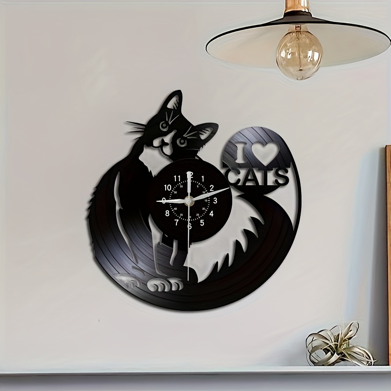 1pc Cute Cat Pattern Wall Art Silent Clock, Cute Pet Adoption Cat Home Decoration Cat Shop Vinyl Record Wall Clock (No Battery)