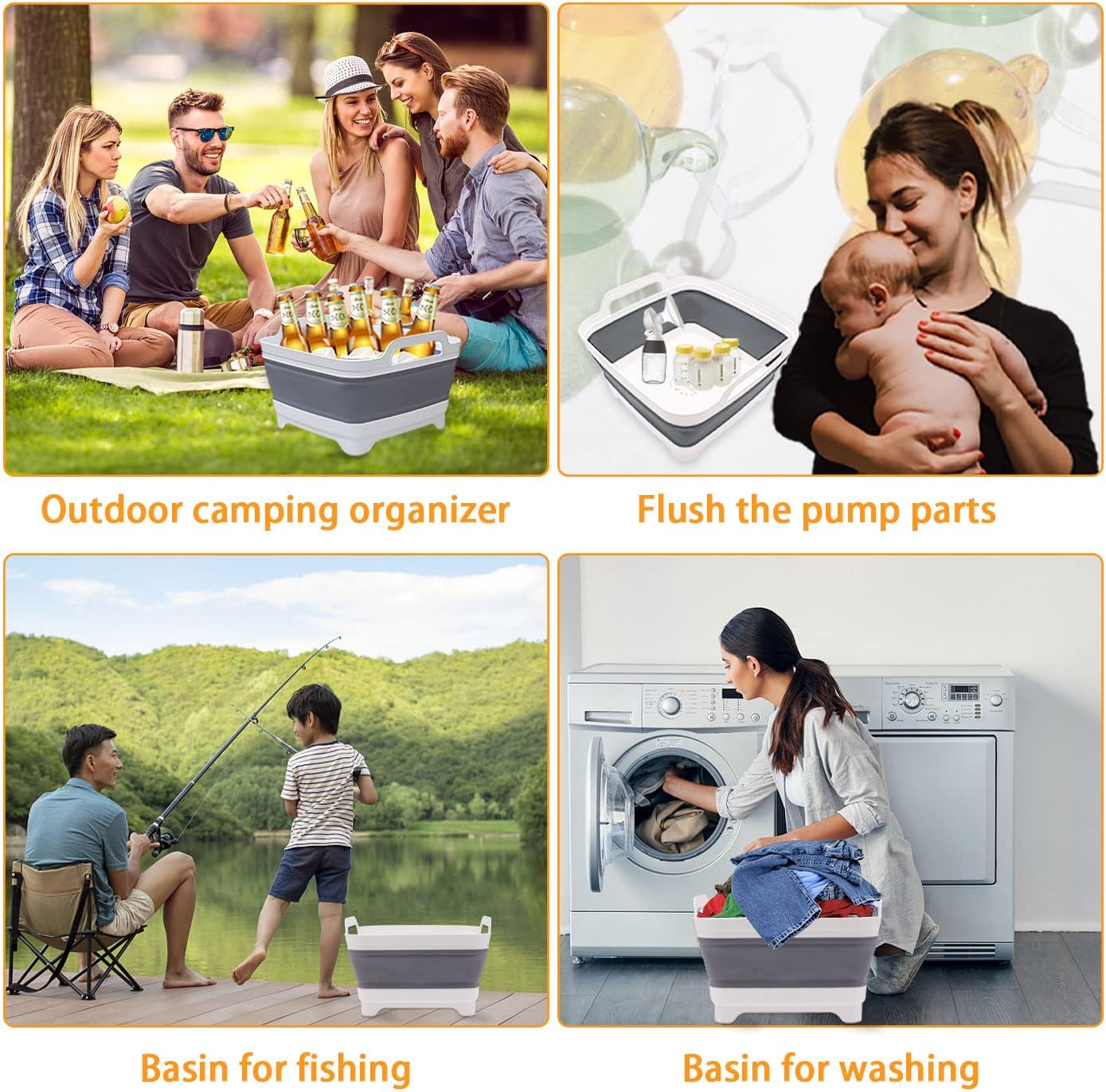 Goderewild 2.4 Gal(9L) Collapsible Dish Basin with Drain Plug, Space Saving Outdoor Multiuse Foldable Sink Tub, Dishpan, Kitchen Storage Tray for Camping, Vegetable Washing, RV