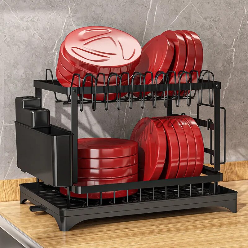 Double-layer Kitchen Dish Bowl Drying Rack with Drainboard Dish Racks With Chopstick Cage Tableware Organizer Basket Drain