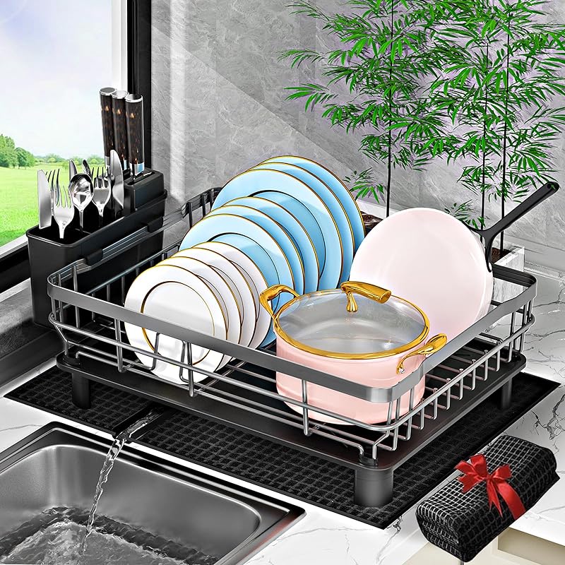 Dish Drying Rack,Dish Racks for Kitchen Counter,Dish Drainers with Removable Utensil Holder,Dish Drying Rack with Drainboard and Extra Dish Drying Mat