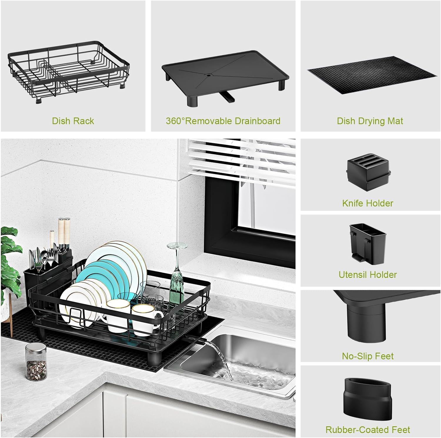 Dish Drying Rack,Dish Racks for Kitchen Counter,Dish Drainers with Removable Utensil Holder,Dish Drying Rack with Drainboard and Extra Dish Drying Mat
