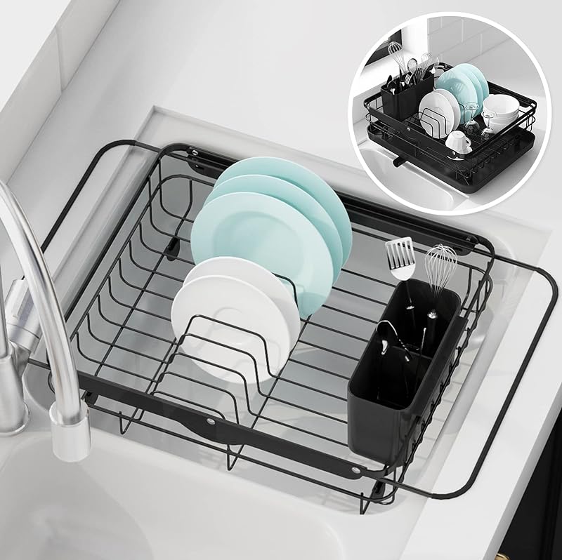 Kitsure Dish Drying Rack- Space-Saving Dish Rack, Dish Racks for Kitchen Counter, Durable Stainless Steel Kitchen Drying Rack with a Cutlery Holder, Black