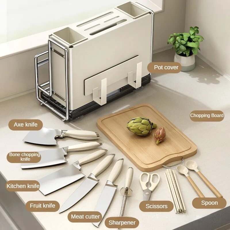 Ins Kitchen Storage Rack, Stainless Steel Drainer Rack, Knife Holder, Integrated Tableware Storage Organizer Kitchen Accessories